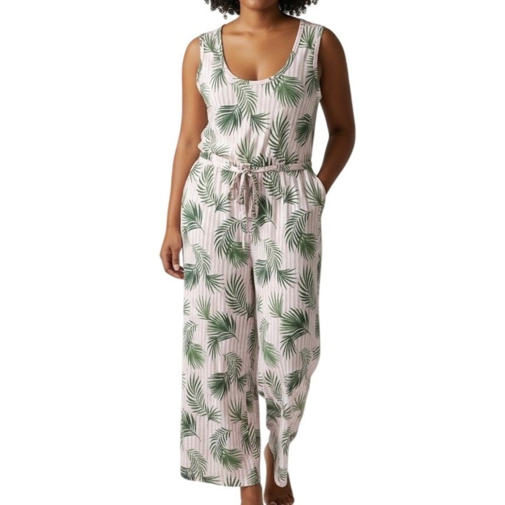 Lands' End Jumpsuit Womens 1X Pink Green Tropical Palm Print Sleeveless